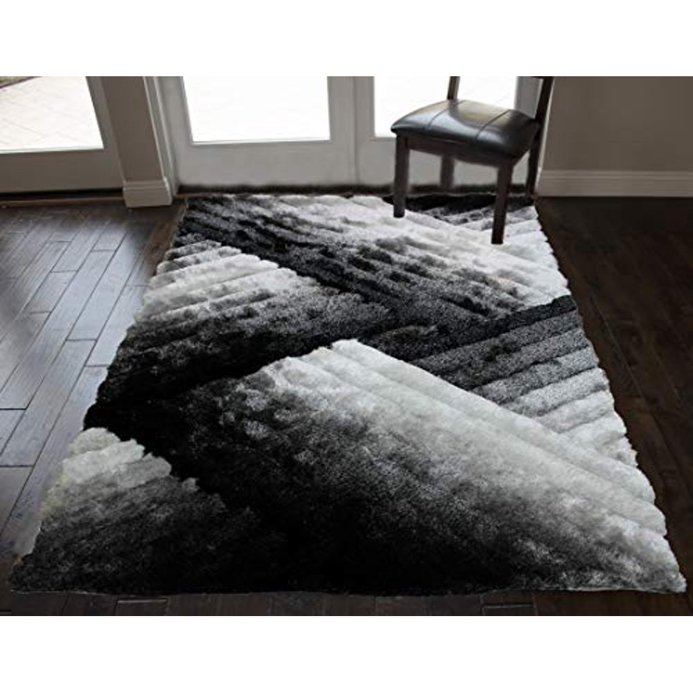 8x10 Feet Black White Colors Shag Shaggy Fuzzy Furry Pattern Area Rug