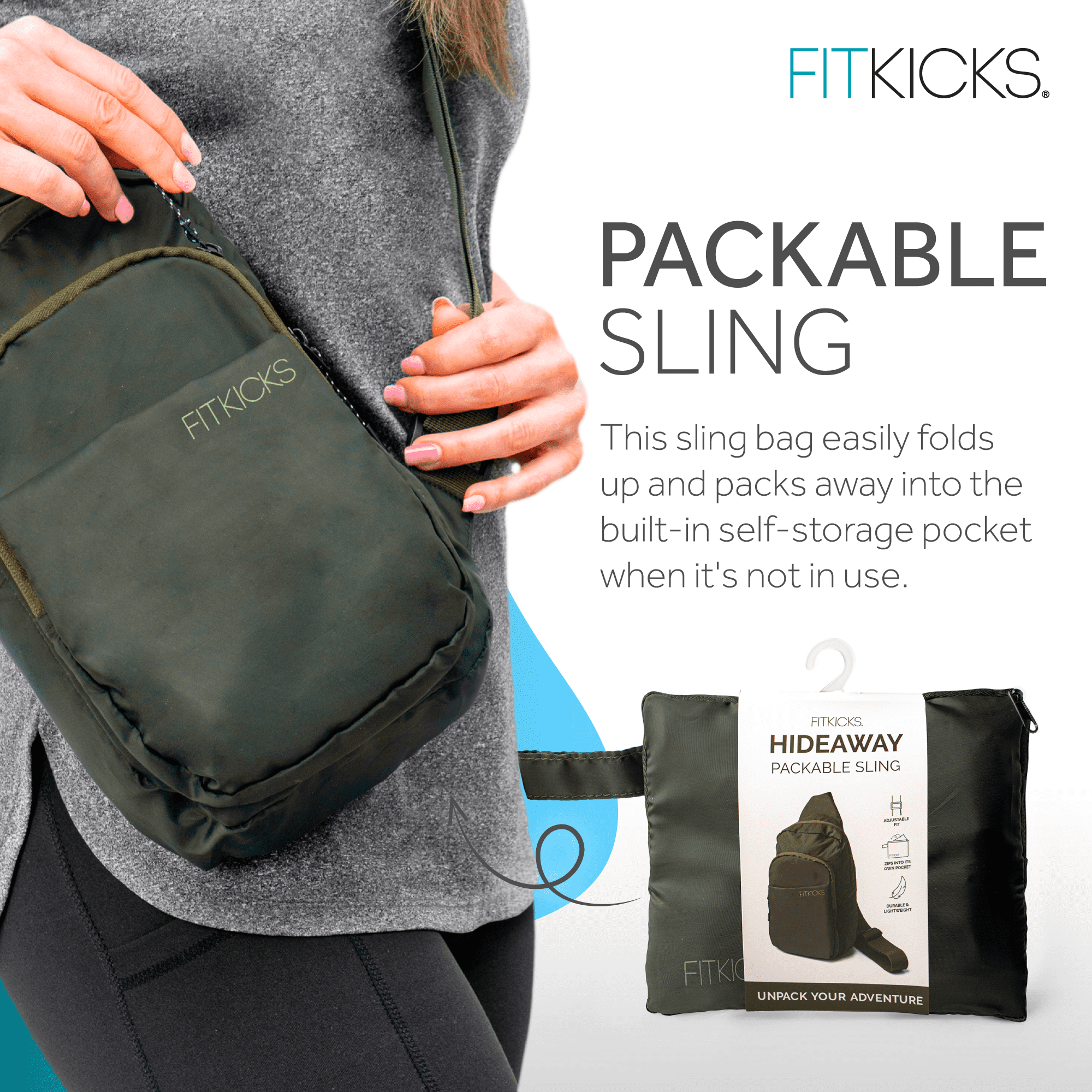 FITKICKS Hideaway Packable Sling Lightweight Crossbody Bag, Green (Unisex)