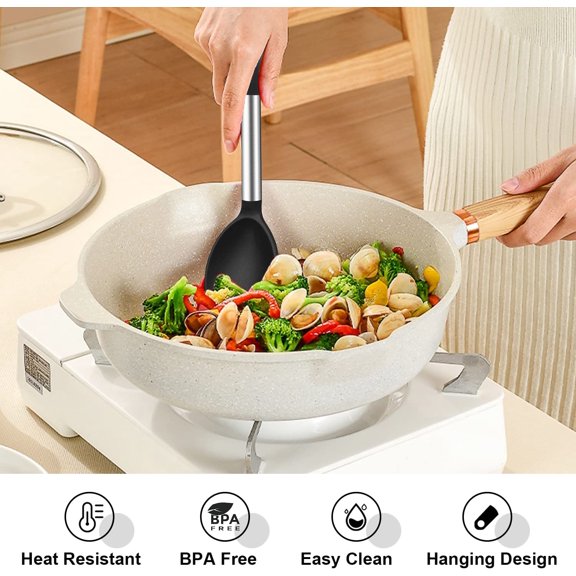Haomacro Large Silicone Cooking Spoons, 3 Pack Nonstick Solid Slotted and Spaghetti Spoon Set, Heat Resistan Silicone Kitchen Spoons for Cooking, Serving, Basting, Mixing, Black