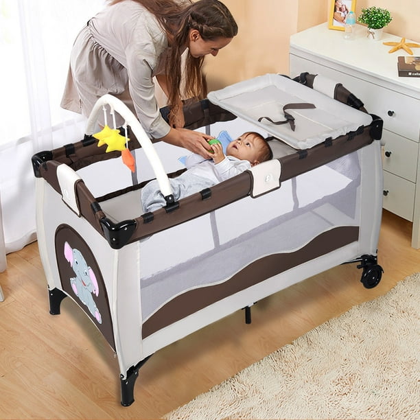 New Coffee Baby Crib Playpen Playard Pack Travel Infant Bassinet Bed Foldable Walmart Com Walmart Com