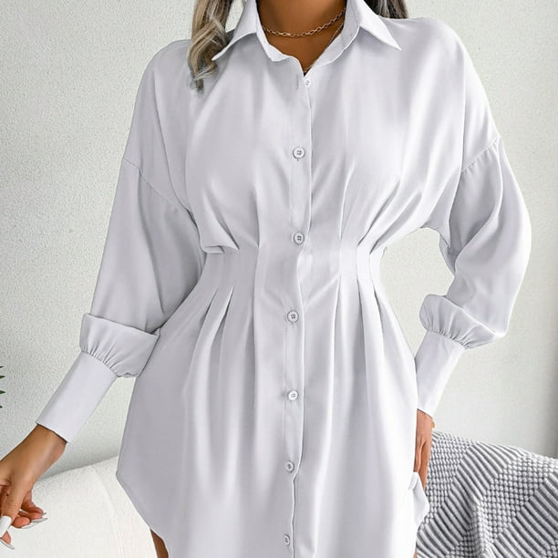 Camisa De Vestir Vestido de blusa con botones de verano Mini vestido de color sólido para ir de compras (Blanco L) Cgtredaw Para estrenar