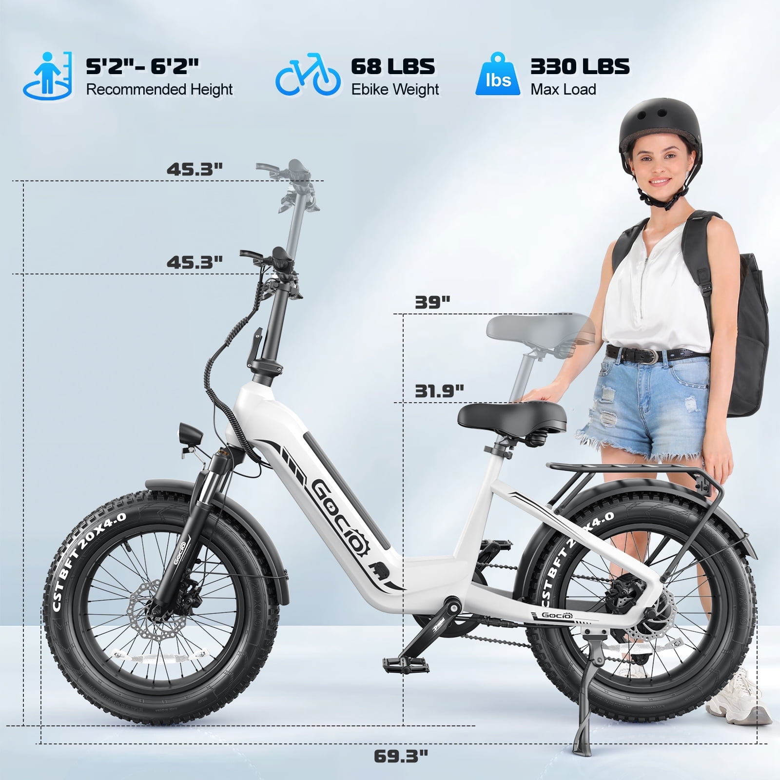 Gocio Electric Bike for Adults, Peak 1025W Mountain E Bike, 48V 13AH Removable Lithium-Ion Battery Ebikes, 20"x4.0" Fat Tire Electric Bicycles, 3A Fast Charge, 60 Miles Man Woman UL2849 Certified