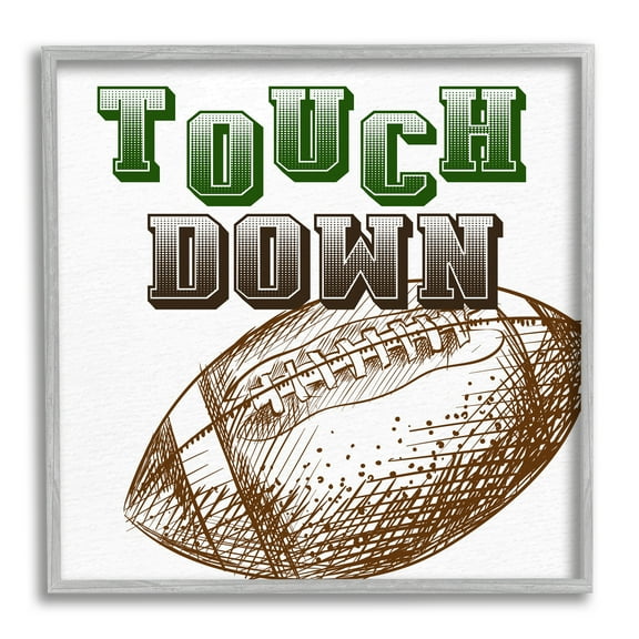 Stupell Industries Touch Down Football Sports Ball Green Varsity Typography Sports Painting Gray Framed Art Print Wall Art, 24 x 24