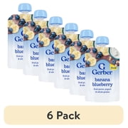 (6 pack) Gerber Toddler Food, Banana Blueberry, Fruit Puree, Yogurt & Whole Grains Pouches 3.5 oz