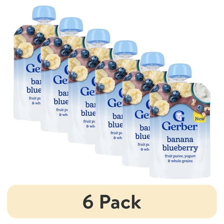 (6 pack) Gerber Toddler Food, Banana Blueberry, Fruit Puree, Yogurt & Whole Grains Pouches 3.5 oz