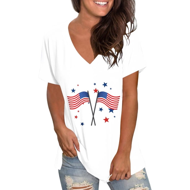 Puntoco 2024 tops de verano para mujer, tops de moda para mujer, Color sólido, cuello en V, Día de la independencia, encaje, bola de pelo, manga abombada, manga corta