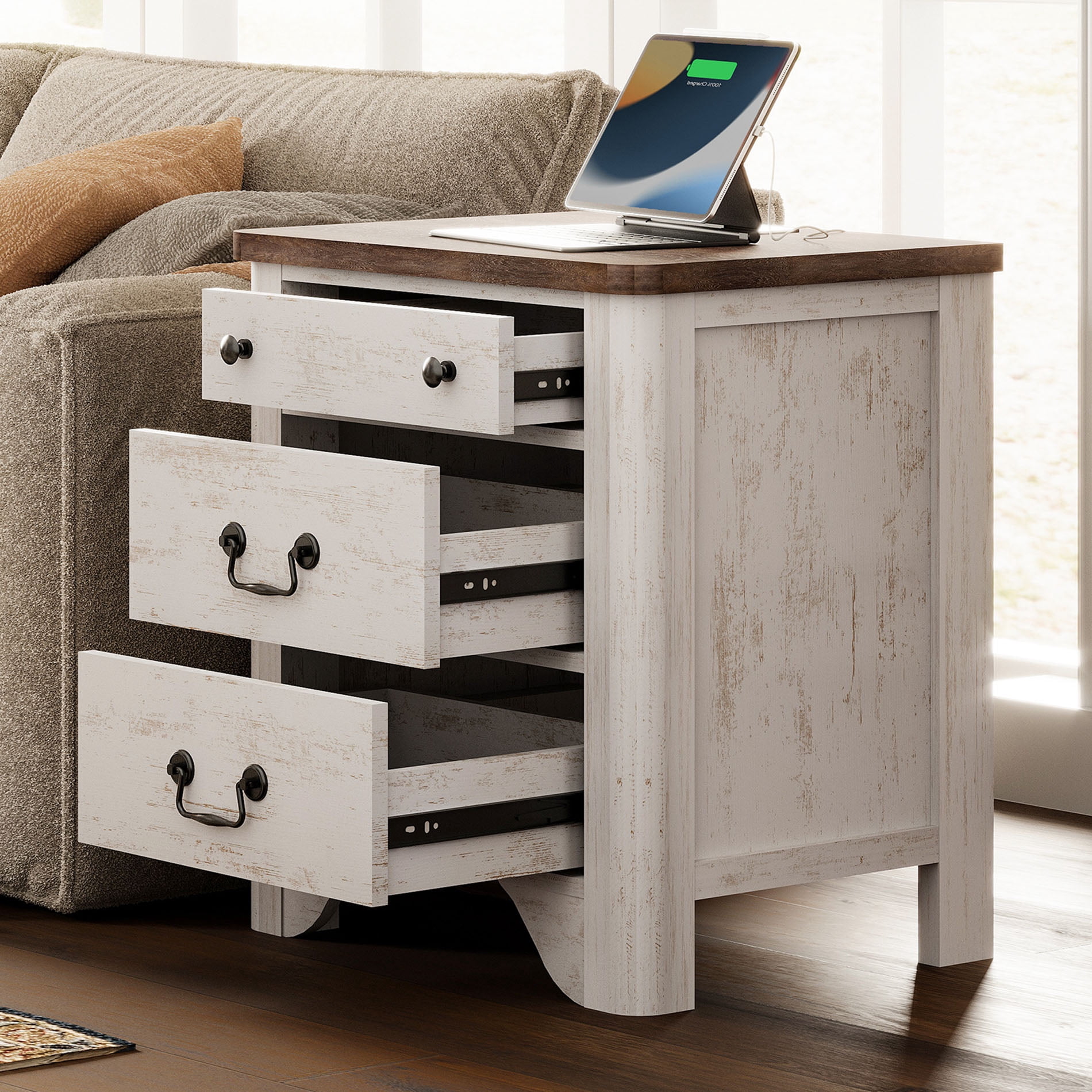 Farmhouse Nightstands Set of 2 with Charging Station, Night Stand with 6 Drawers, Wood End Table for Bedroom, White