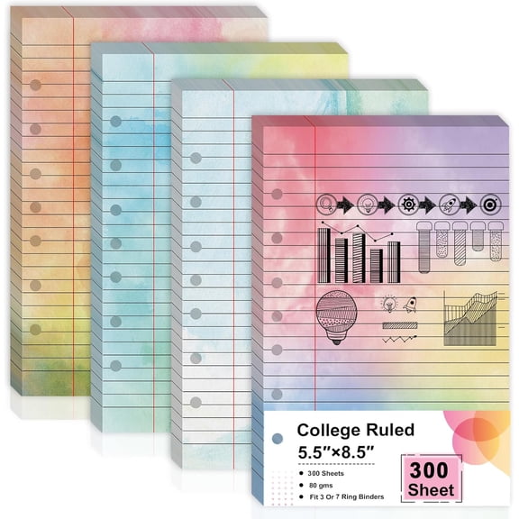 300 Sheet 5.5 x 8.5 Watercolor Lined Writing Paper 7-Hole Lined Refills Loose Leaf Colored Notebook Filler Paper College Ruled Double Side Printing For 3 Or 7 Ring Binders