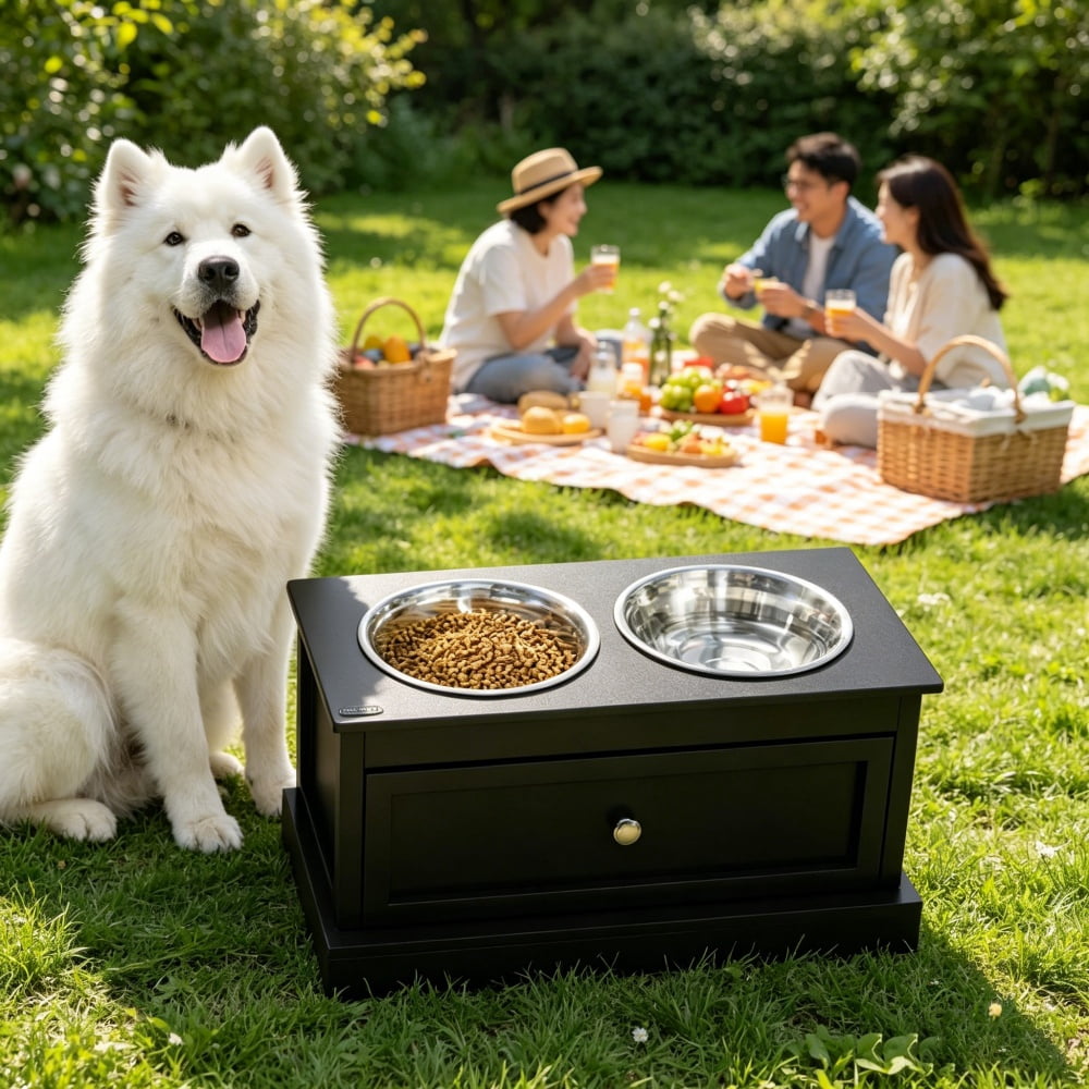 Elevated Dog Bowls with Storage Drawer, Raised Pet Feeder Stand with Dishwasher Safe Stainless Steel Bowls, Modern MDF Feeding Station in Black for Large Dogs