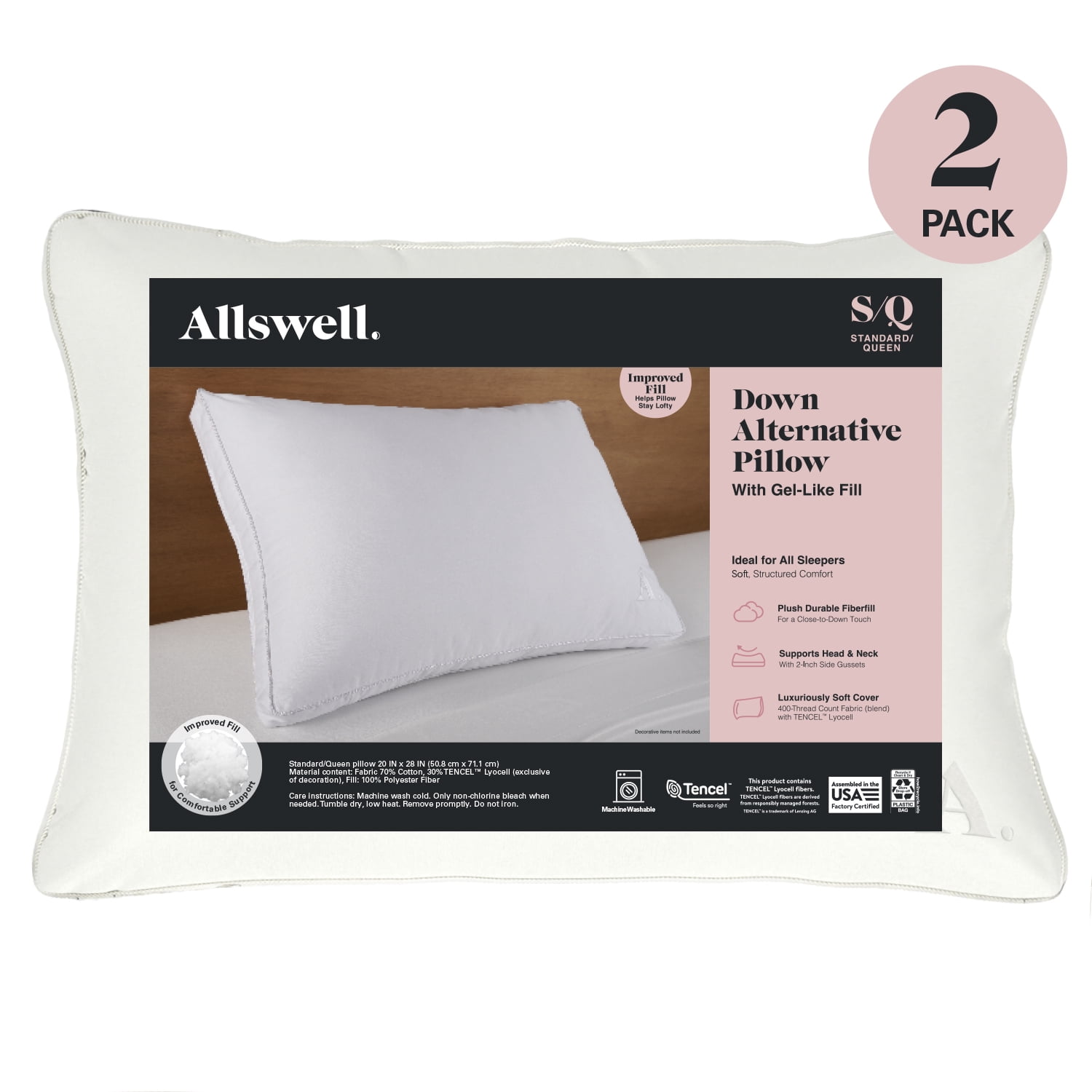 (8 pack) Allswell Down Alternative Bed Pillows, Standard/Queen – Medium Firmness, All Positions (2 Count)