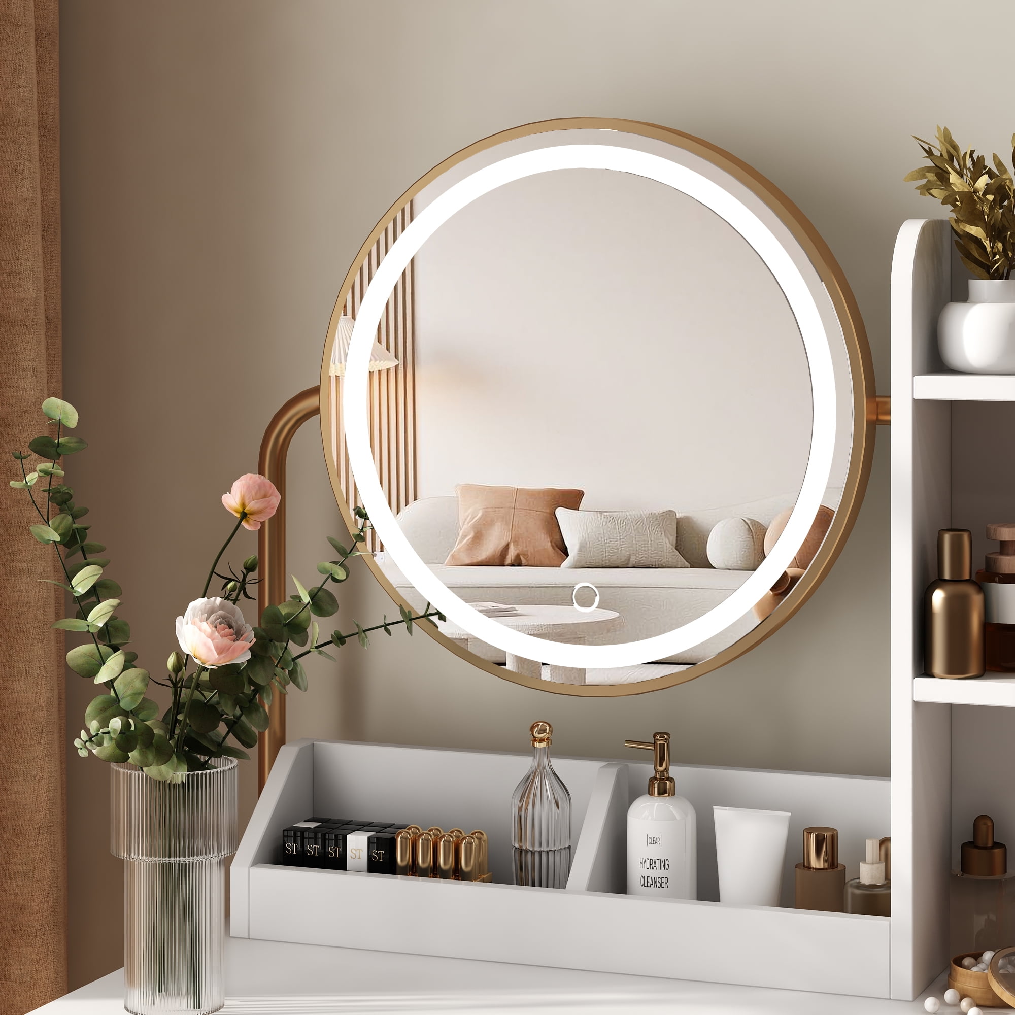 VEANERWOOD Vanity Desk with Lights and Round Mirror, Modern Vanity Makeup Table with 2 Drawers, White