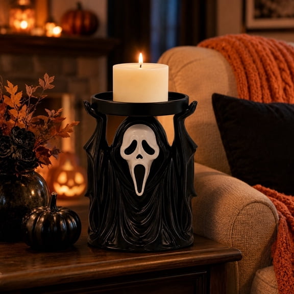 1pc Hooded Ghost Face Candle Holder Halloween Decor, Spooky Raised Hands Candle Stand, Gothic Figure Tabletop Mantel Decoration for Halloween Party Home Shelf Entryway Display Black