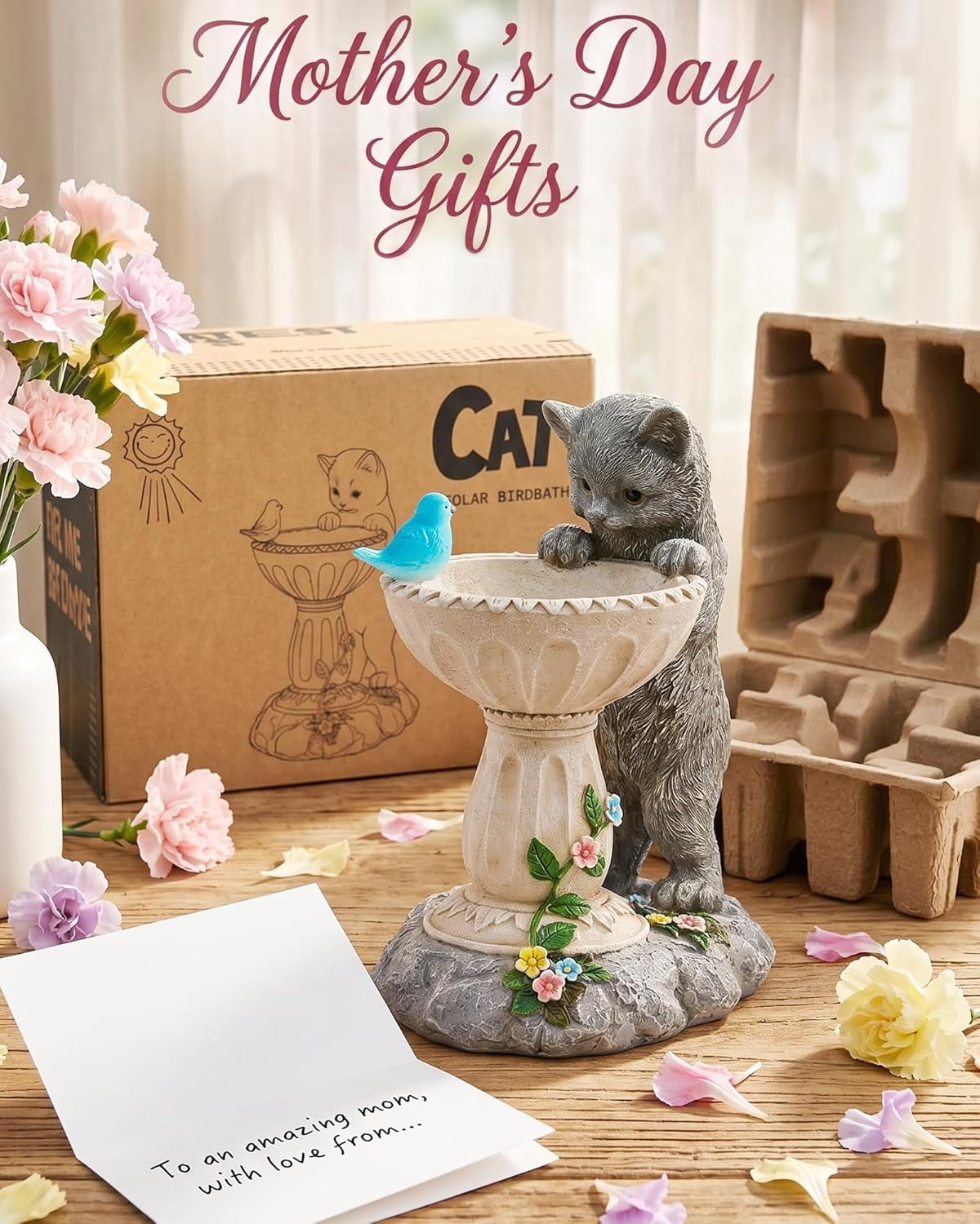 Outdoor Yard Patio Balcony Art, Solar Cat Statue for Garden Decor: IP44 Weatherproof Resin with Automatic Lighting, No Installation – Birthday Gifts for Bird Lovers, Mom, Grandma, Women