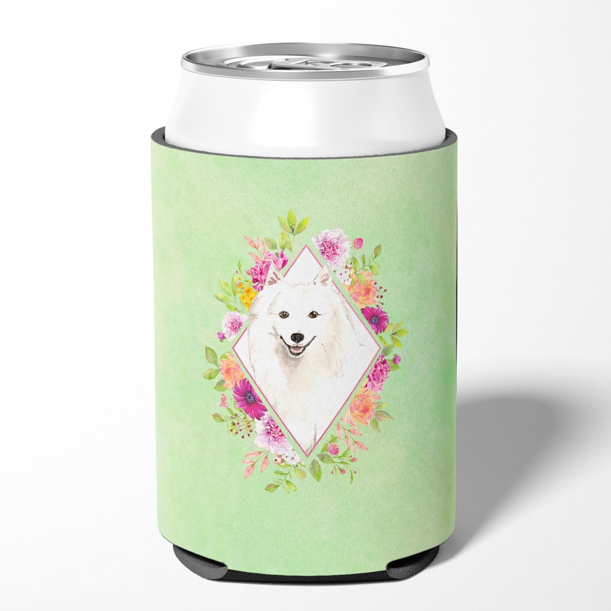 Japanese Spitz Green Flowers Can or Bottle Hugger