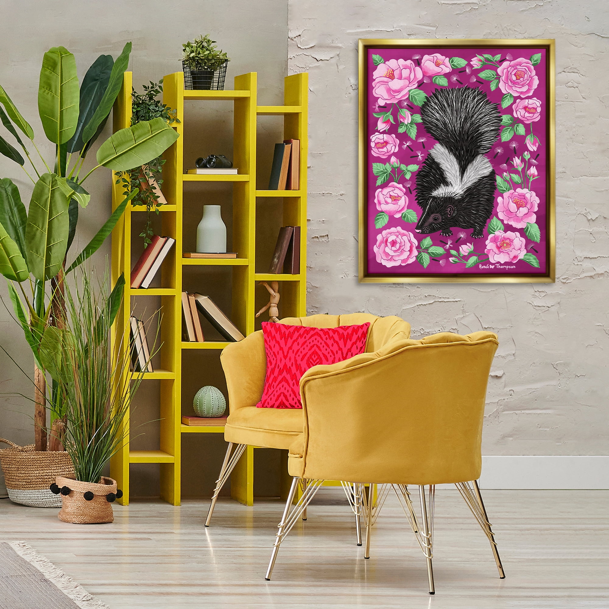 Stupell Industries Skunk & Rose Blossoms Animals Painting Gold Floater Framed Canvas Art Print Wall Art, 25 x 31