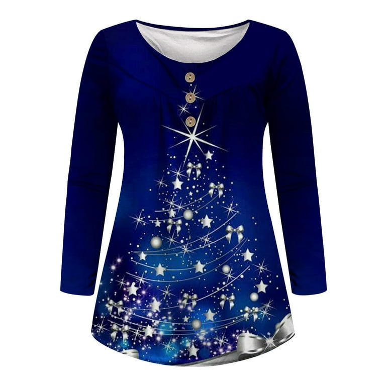 safuny Women's Loose Tops Tunic Pleated Round Neck Button Merry