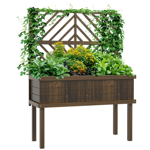 Raised Garden Bed with Trellis for Climbing Plants, Vegetable, Grape Vines, Wood Planter with Legs, Drainage Holes and Filter for Outdoor Garden, Patio, Carbonized