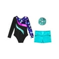 thumbnail image 6 of iixpin Girls Long Sleeve Gymnastics Leotard Printed Dance Bodysuit with Bottom Shorts Set for Kids Ballet Dancewear Blue Green 4, 6 of 7