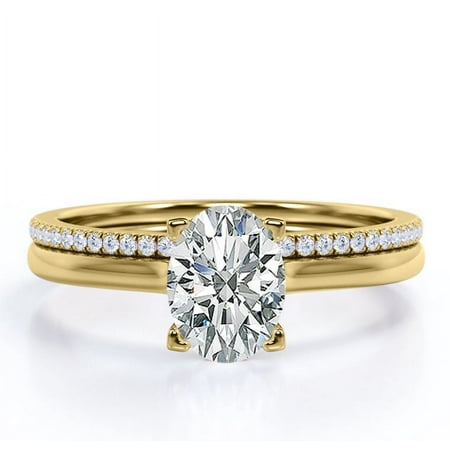 JeenMata 1.25 Carat Oval Cut - Pave Accented Shank - Prong - Wedding Ring Set - 18K Yellow Gold Plating over Silver (CUSTOMIZE YOUR WEDDING RING BAND)