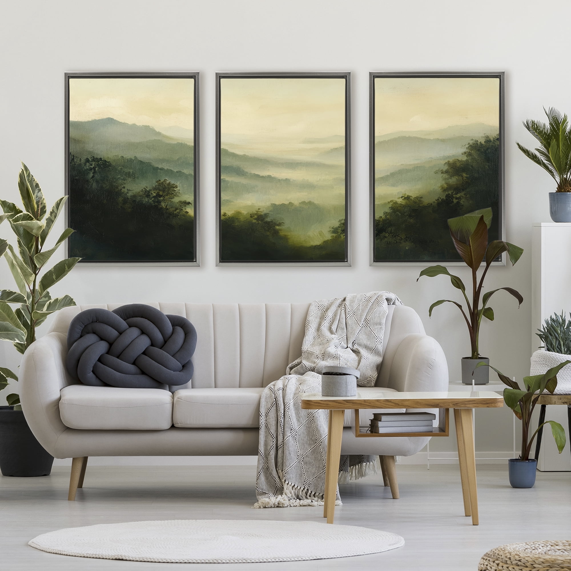 Stupell Industries Through The Haze Mountain Panorama 3 Piece Gray Framed Floater Canvas Set, design by Petal Prints Design