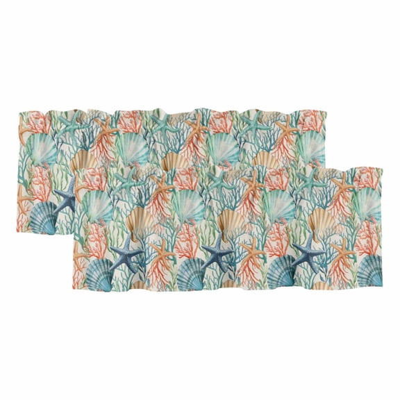 2 Pack Valances for Windows, Coastal Beach Window Valances for Living Room/Bedroom/Bathroom, Nautical Summer Coral Starfish Shell Light Filtering Kitchen Curtain Valance Window Treatment 54"W x18" L