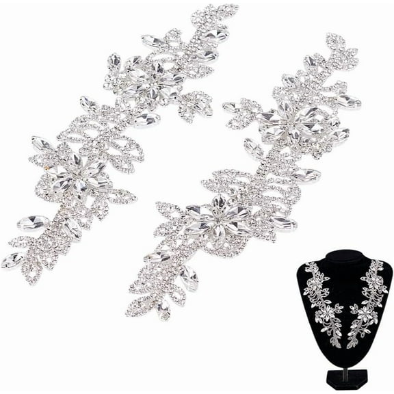 2 Pcs Symmetrical Rhinestone Applique Patch Flower AB Applique Patch Wedding Bridal Belt Applique for DIY Clothing Wedding Dress Decoration Silver 8.7x2.6inch