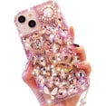 thumbnail image 4 of for iPhone 15 Glitter Bling Case,Cute Luxury 3D Crown Crystal Rhinestone Diamond Sparkle Stunning Stones Pearl with Wrist Strap Chain Women Girls Protective Case for iPhone 15 6.1 inch (Pink), 4 of 4