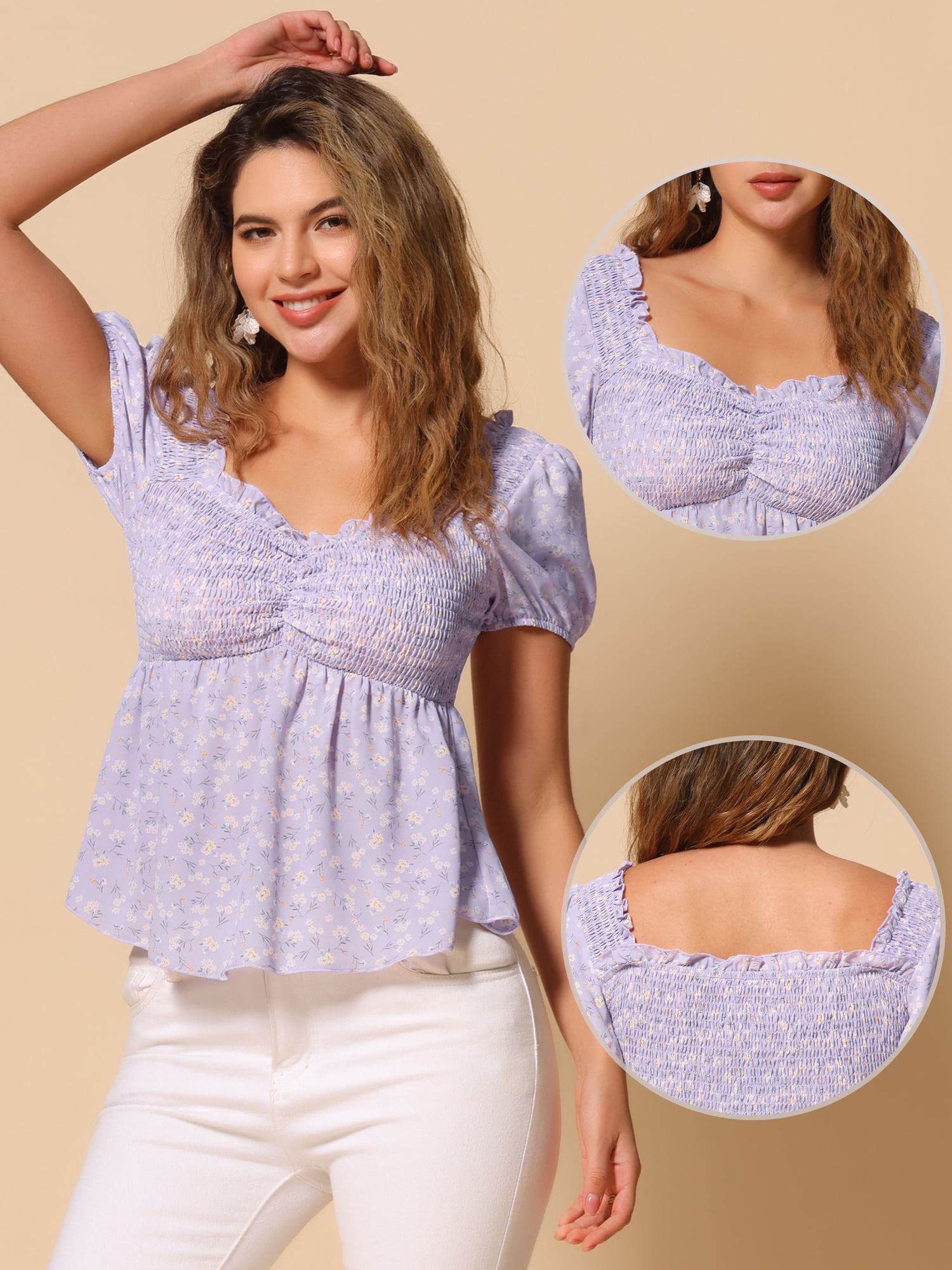 DARING DIVA Women's Puff Sleeve Floral Sweetheart Neck Ruffle Peplum Top M Light Purple
