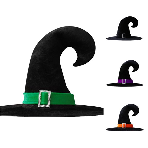 CUZIBR Toddler Kids Halloween Velvet Witch Hat Curly Pointed Top Wide Brim Decorated With Rhinestone Square Buckle Witch Accessory For Party Cosplay Headwear