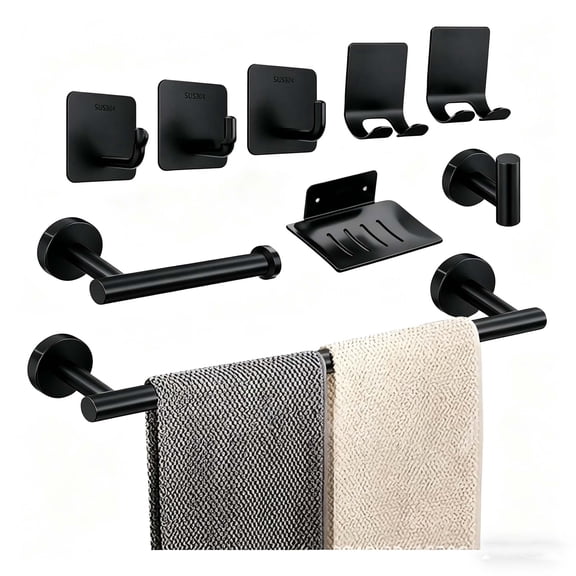 9-Pieces Matte Black Bathroom Accessories Set, Bathroom Hardware Set,Stainless Steel Towel Racks for Bathroom Wall Mounted,Towel Racks for Bathroom,Toilet Paper Holder and Ring（BLACK）