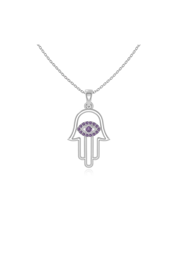 Natural Amethyst Evil Eye-Hamsa Hand Pendant Necklaces for Women in Sterling Silver,February Birthstone Jewelry Gifts for Her Birthday,Wedding Anniversary,Christmas,Graduation,Mothers Day,Valentines