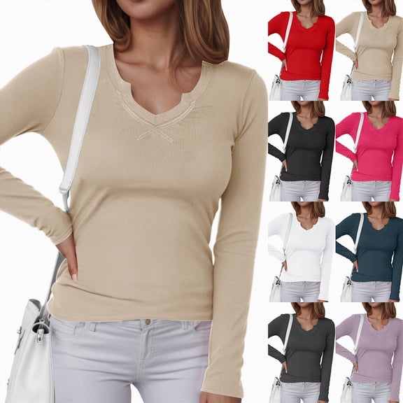 vigerkar Womens Long Sleeve Shirts V-Neck Rib Knit Slim Fit Tops Casual Stretch Basic Tee Going Out Top Fall Fashion (Hot Pink, L)