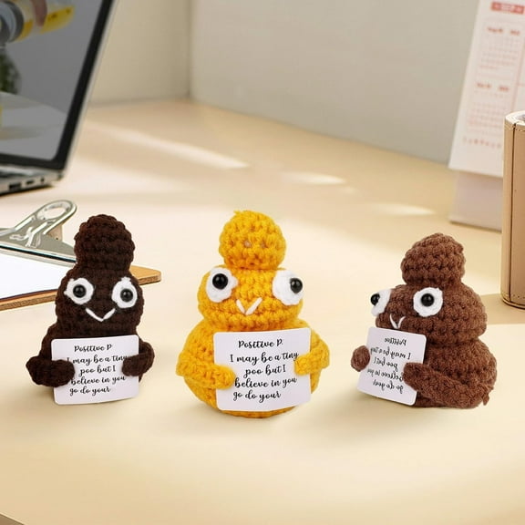 3pcs Handmade Positive Gift 3 Inch Knitted Doll with Positive Card Mini Funny Gift for Friends or Family