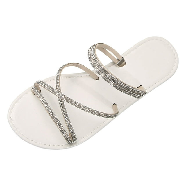 IUJSOY Womens Rhinestone Sandals Strappy Slides Cirsscross Strap Slip on Open Toe Flat Sandals