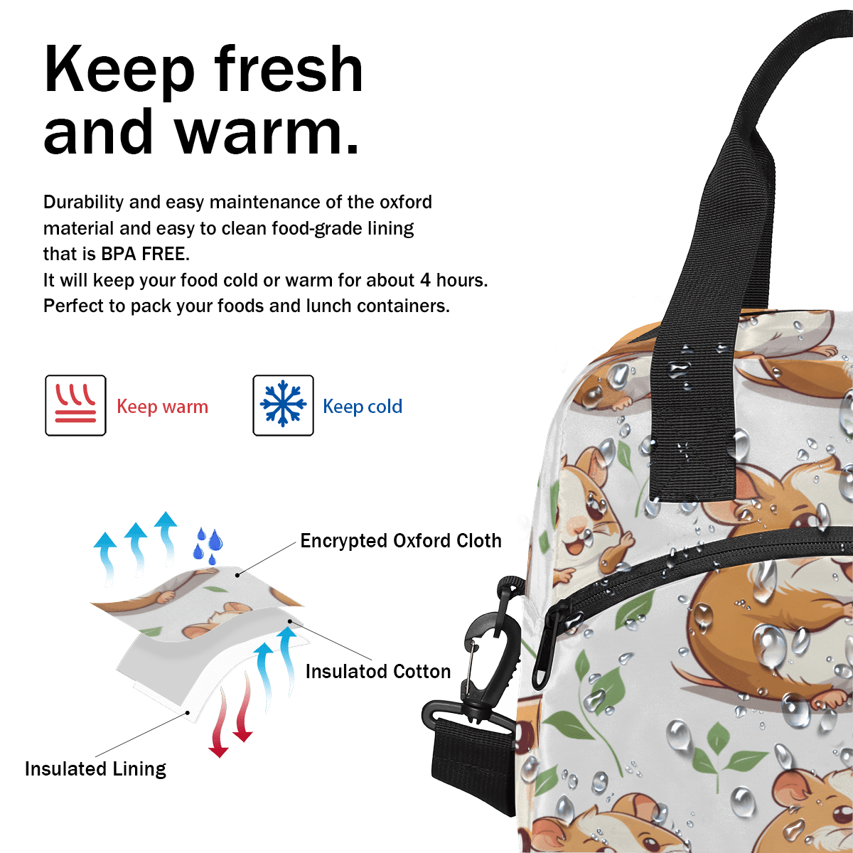 Herdesigns Cute Insulated Lunch Bag for Women Men Adults Large Reusable Lunch Box Cute Hamster Leakproof Cooler Tote Bags with Adjustable Shoulder Strap