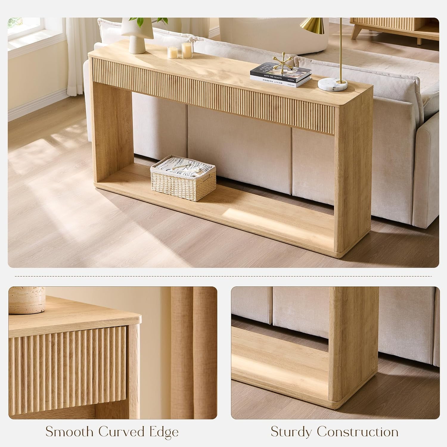 OKD 63 Inch Fluted Long Console Table for Entryway, Modern Entryway Table with 2 Large Drawers,Farmhouse Sofa Table Behind Couch for Living Room, Hallway, Natural Oak