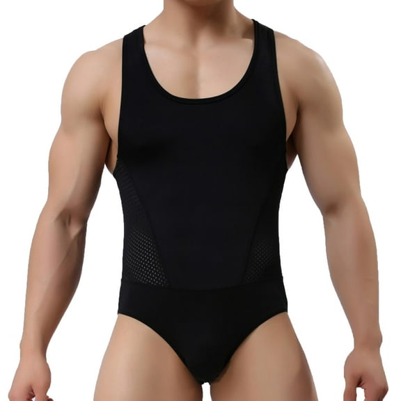 Wyobmus Men's Bodysuit Shapewear Shoulder Strap Onesie Sportswear Stretch U Neck Sleeveless Tight Clothes Black