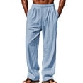 thumbnail image 2 of Men's Casual Linen Pants Loose Fit Drawstring Waist Lightweight Linen Trousers Summer Yoga Beach Long Pants Blue 3XL, 2 of 4