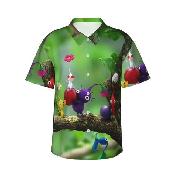 Lsque Pikmin Pattern Hawaiian Shirt for Men Unisex Summer Beach Casual Short Sleeve Cotton Linen Button Down Shirts-XX-Large