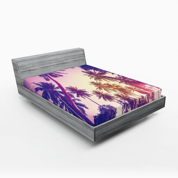 Ambesonne Palm Tree Fitted Sheet, Tropic Island Sunset, California King, Multicolor
