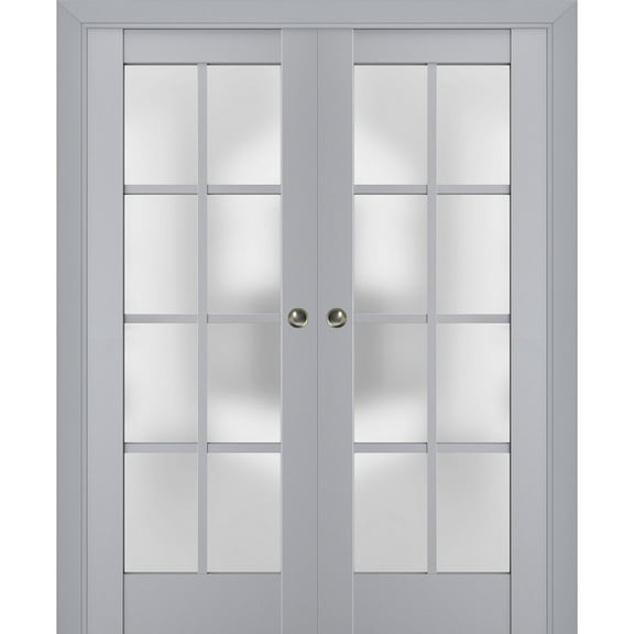 Sliding French Double Pocket Doors with Frosted Glass | Veregio 7412 Matte Grey | Kit Trims Rail Hardware | Solid Wood Interior Bedroom Sturdy Doors-36" x 84" (2* 18x84)
