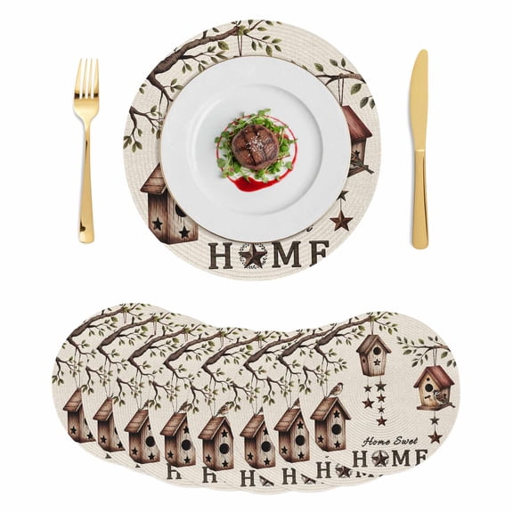 Sweet Home Round 15 Inch Placemats Set of 8, Western Stars Bird Houses Farmhouse Retro HeatResistant Non Slip Place Mats for Dining Table, Wipeable Braided Kitchen Table Mats for Housewarming
