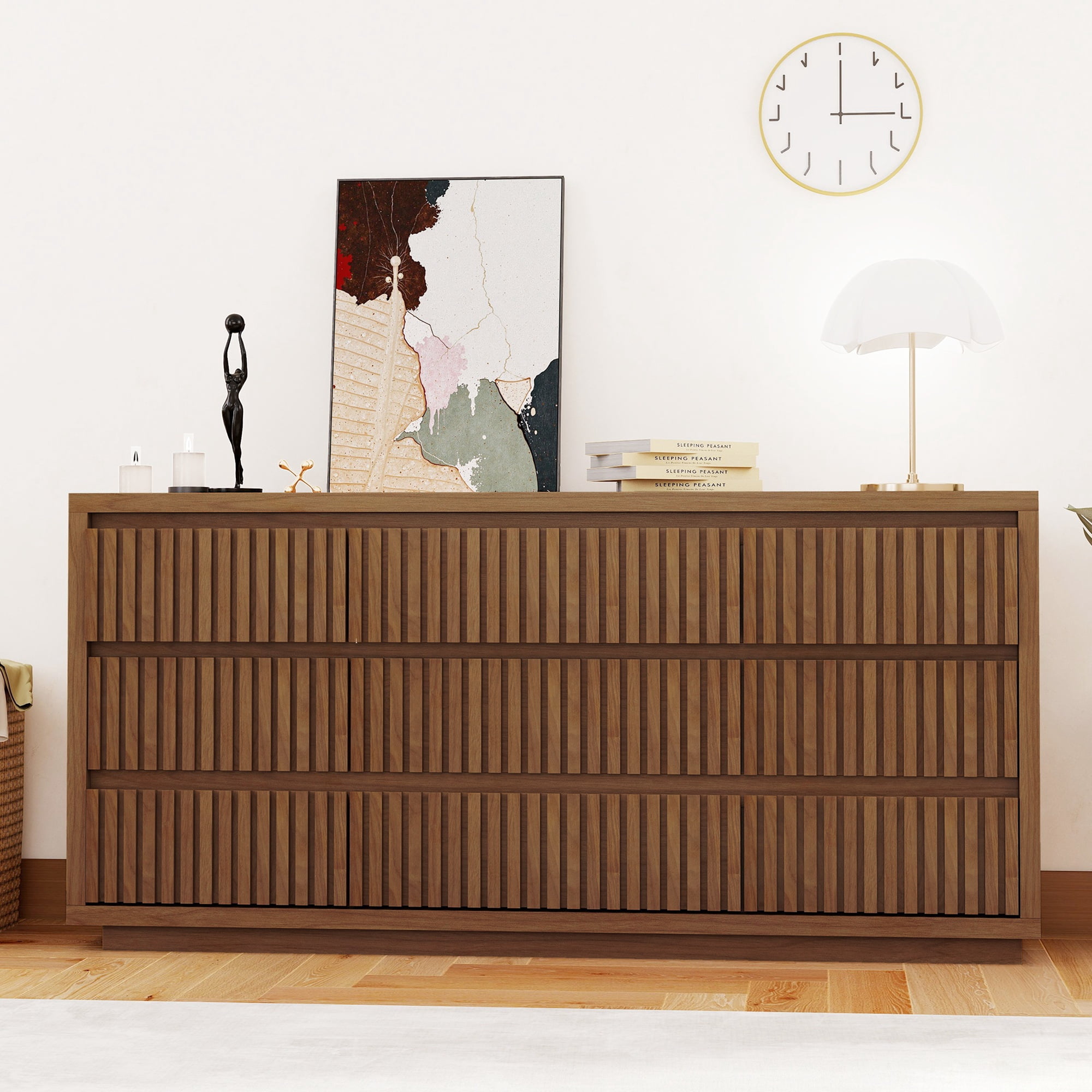 IQCNGVX Dresser Fluted Long 9 Drawer Large Mid Century 58" Wide Chest Wood Closet Clothes Storage TV Stand for Bedroom Living Room