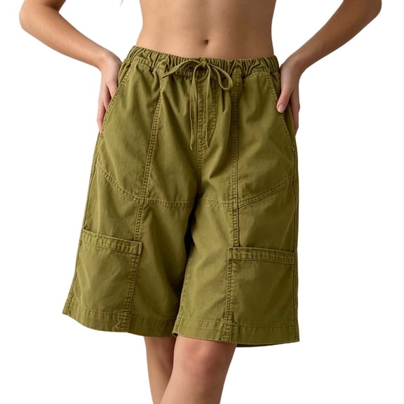 Wensltd Women Cargo Shorts Drawstring Elastic Waist Wide Leg Casual Summer Pocket Trousers