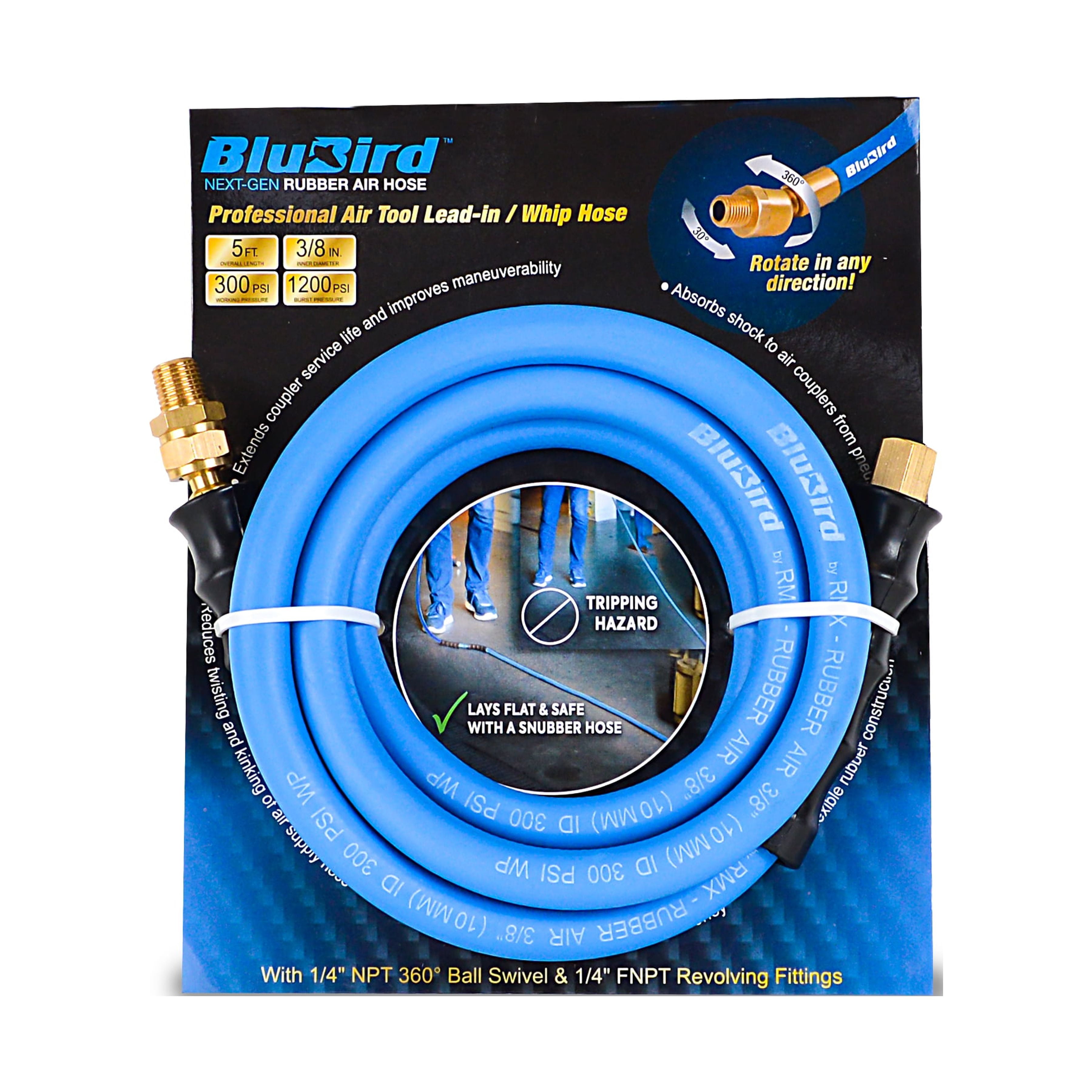 BluBird Snubber Hose 3/8" x 5', 1/4" MNPT - Lightest, Strongest, Most Flexible