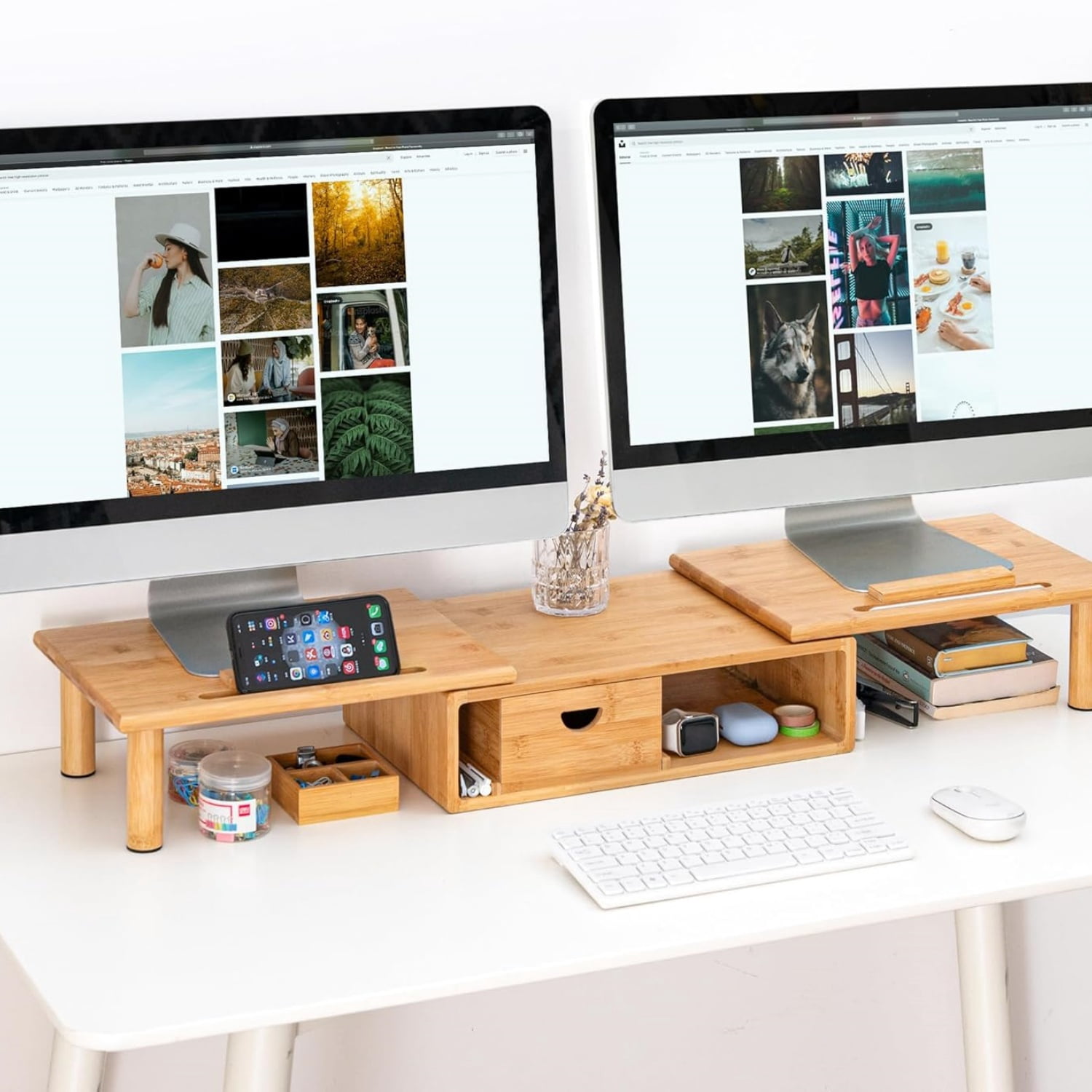 Dual Monitor Stand Riser with Drawer for Desk Laptop Desk Shelf with Adjustable Length and Angle, Bamboo Computer Stand Riser for 2 or 3 Monitors Screen Laptop PC TV -Natural