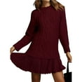 thumbnail image 2 of Robe Chandail en Tricot Torsadé pour Femmes, Col Ras du Cou, Manches Longues, Mini-Robe Plissée, Style Deux-en-un, Robe Patchwork, Rouge Vin, P, 2 of 7