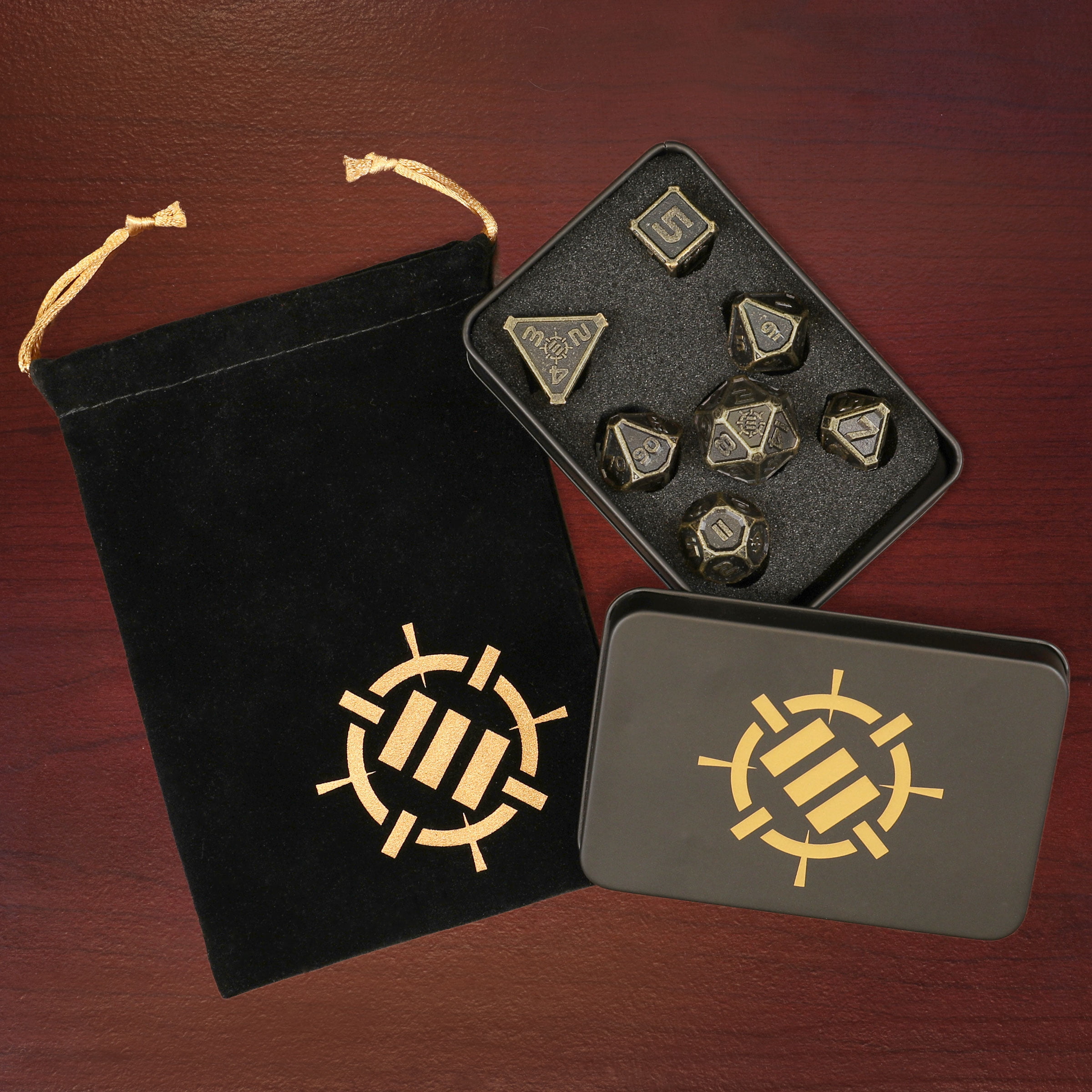 ENHANCE DnD Metal Dice Set - 7pc Solid Zinc Alloy Polyhedral DnD Dice with Storage Case and Dice Bag