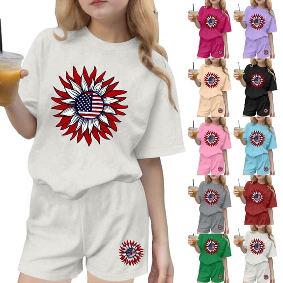 SGFCWSX Girls 2 Piece Outfits Kids 4th of July Casual Summer Oversized Short Sleeve T Shirt Graphic Print Elastic Waist Shorts Daily Wear White Size 7-8 Years