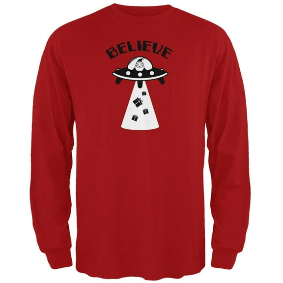 Christmas Believe Santa UFO Red Adult Long Sleeve T-Shirt - Large